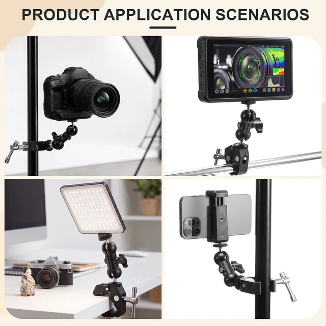 Alt view image 6 of 6 - 4 Pack Camera Mount Clamp with Ball Head Magic Arm, Single Clamp | 360° Adjustable, Dual Ball, Heavy Duty Super Clamps Mount Kit for DSLR Monitor LED Light Microphone, 1/4" and 3/8" Thread
