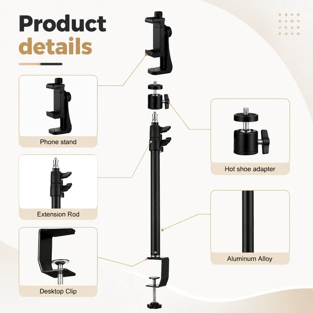 Alt view image 3 of 6 - 4 Pack Extendable Camera Desk Mount 15-36" Desk Clamp Light Stand | Adjustable Table Clamp Camera Mount, Tabletop C Clamp for Webcam Ring Light Live Streaming Photo Video Shooting
