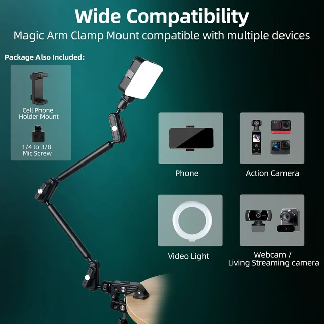 Alt view image 2 of 7 - 22" Magic Arm Clamp, Overhead Phone Mount Holder Stand, Flexible Desk Camera Mount, Articulating Friction Boom Arm with 1/4" 3/8" Threads for Phone, DSLR, Action Camera,Filming, Light, Webcam, Mic