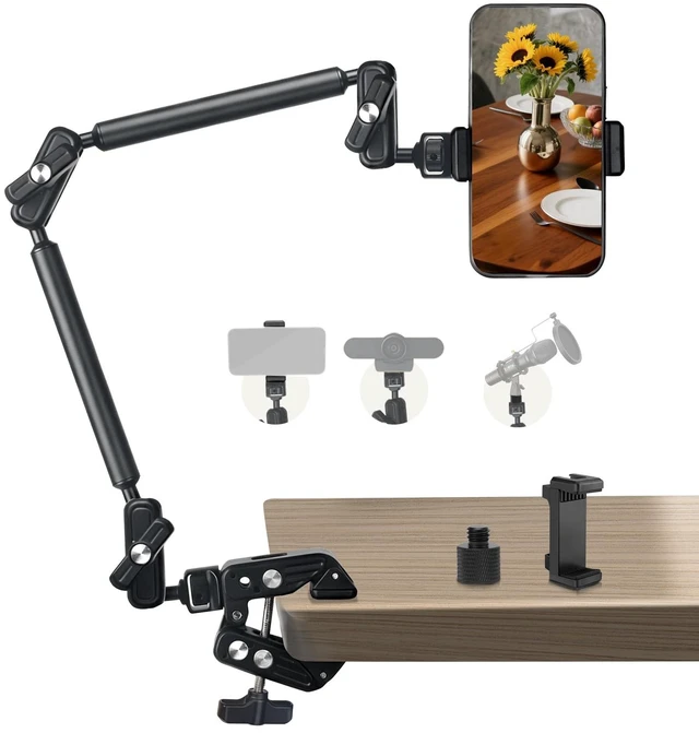 Main image of 22" Magic Arm Clamp, Overhead Phone Mount Holder Stand, Flexible Desk Camera Mount, Articulating Friction Boom Arm with 1/4" 3/8" Threads for Phone, DSLR, Action Camera,Filming, Light, Webcam, Mic