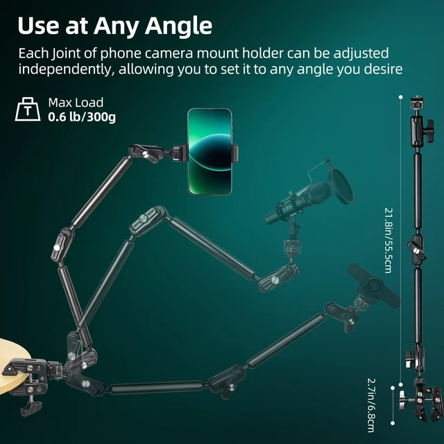 Alt view image 4 of 7 - 22" Magic Arm Clamp, Overhead Phone Mount Holder Stand, Flexible Desk Camera Mount, Articulating Friction Boom Arm with 1/4" 3/8" Threads for Phone, DSLR, Action Camera,Filming, Light, Webcam, Mic