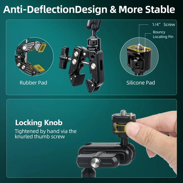 Alt view image 6 of 7 - 22" Magic Arm Clamp, Overhead Phone Mount Holder Stand, Flexible Desk Camera Mount, Articulating Friction Boom Arm with 1/4" 3/8" Threads for Phone, DSLR, Action Camera,Filming, Light, Webcam, Mic
