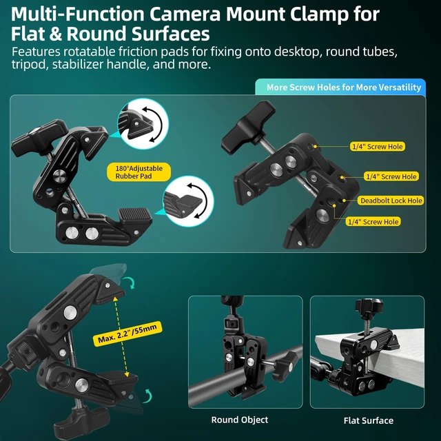 Alt view image 5 of 7 - 22" Magic Arm Clamp, Overhead Phone Mount Holder Stand, Flexible Desk Camera Mount, Articulating Friction Boom Arm with 1/4" 3/8" Threads for Phone, DSLR, Action Camera,Filming, Light, Webcam, Mic