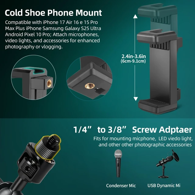 Alt view image 7 of 7 - 22" Magic Arm Clamp, Overhead Phone Mount Holder Stand, Flexible Desk Camera Mount, Articulating Friction Boom Arm with 1/4" 3/8" Threads for Phone, DSLR, Action Camera,Filming, Light, Webcam, Mic