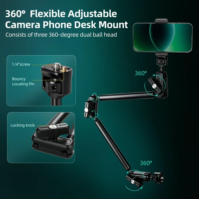 Alt view image 3 of 7 - 22" Magic Arm Clamp, Overhead Phone Mount Holder Stand, Flexible Desk Camera Mount, Articulating Friction Boom Arm with 1/4" 3/8" Threads for Phone, DSLR, Action Camera,Filming, Light, Webcam, Mic