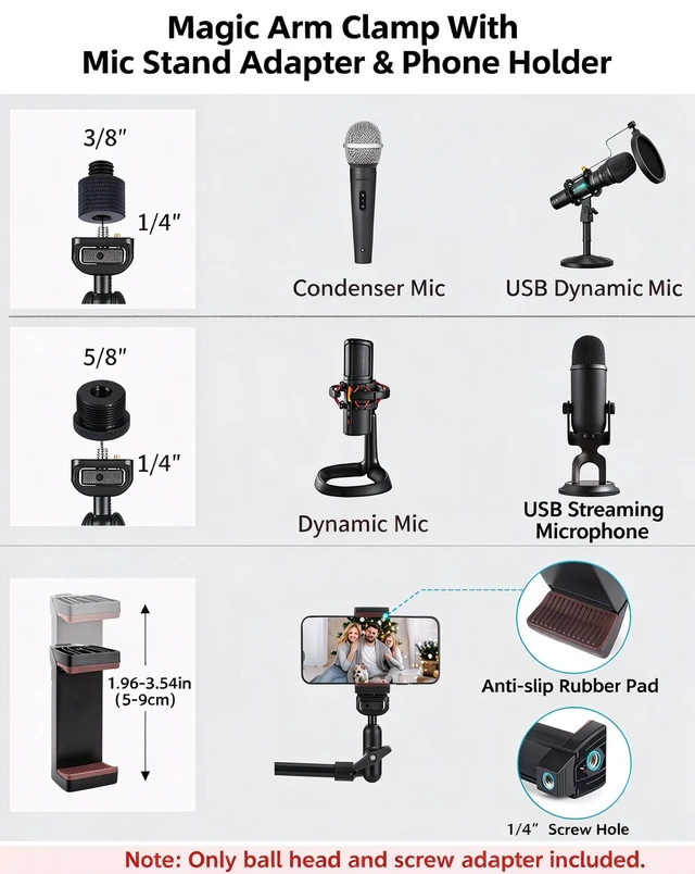 Alt view image 6 of 7 - 22" Magic Arm w Clamp, Overhead Phone Mount, Desk Camera Mount w Articulating Friction Boom Arm Thread Adapter, for Phone Video Light Webcam Microphone Action Camera Content Creators
