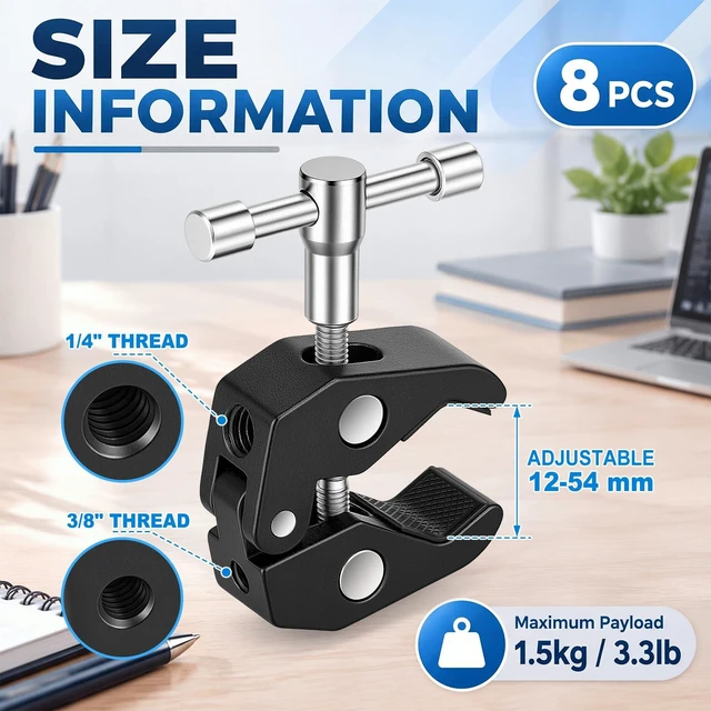 Alt view image 2 of 6 - 8 Pack Heavy-Duty Clamp Camera Mount with 1/4 and 3/8 Thread | Pole Holder, Tripod Grip, Rod Fastener, Table Mount, Adjustable Design, for Photography Video Dslr Microphone Magic Arm