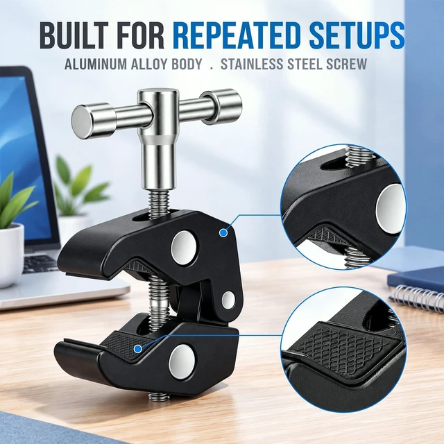 Alt view image 3 of 6 - 8 Pack Heavy-Duty Clamp Camera Mount with 1/4 and 3/8 Thread | Pole Holder, Tripod Grip, Rod Fastener, Table Mount, Adjustable Design, for Photography Video Dslr Microphone Magic Arm