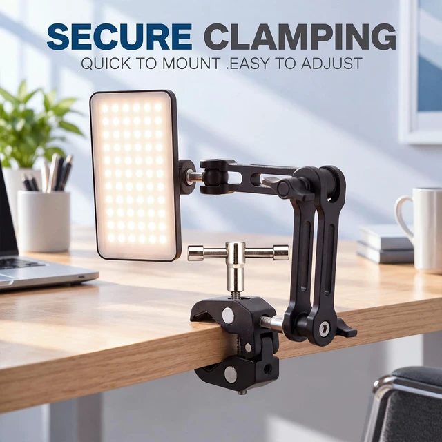 Alt view image 4 of 6 - 8 Pack Heavy-Duty Clamp Camera Mount with 1/4 and 3/8 Thread | Pole Holder, Tripod Grip, Rod Fastener, Table Mount, Adjustable Design, for Photography Video Dslr Microphone Magic Arm