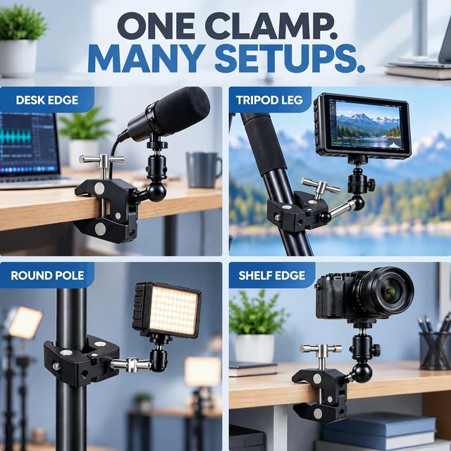 Alt view image 6 of 6 - 8 Pack Heavy-Duty Clamp Camera Mount with 1/4 and 3/8 Thread | Pole Holder, Tripod Grip, Rod Fastener, Table Mount, Adjustable Design, for Photography Video Dslr Microphone Magic Arm