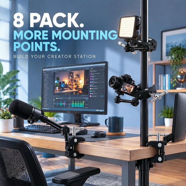 Alt view image 5 of 6 - 8 Pack Heavy-Duty Clamp Camera Mount with 1/4 and 3/8 Thread | Pole Holder, Tripod Grip, Rod Fastener, Table Mount, Adjustable Design, for Photography Video Dslr Microphone Magic Arm