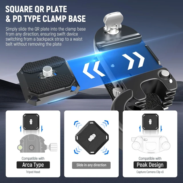 Alt view image 2 of 7 - Backpack Camera Clip Mount with Square QR Plate, Upgraded Safety Latch, Quick Release Camera Belt Clip Backpack Strap Compatible with PD QR System Canon Nikon Sony DSLRs, GP67