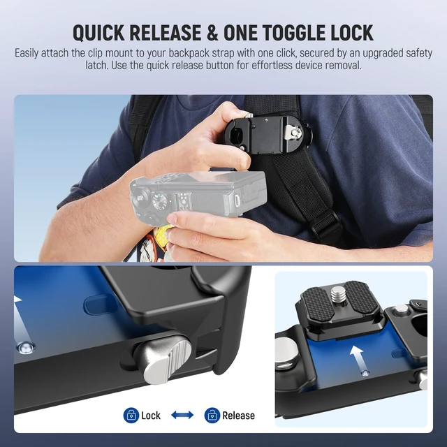 Alt view image 3 of 7 - Backpack Camera Clip Mount with Square QR Plate, Upgraded Safety Latch, Quick Release Camera Belt Clip Backpack Strap Compatible with PD QR System Canon Nikon Sony DSLRs, GP67