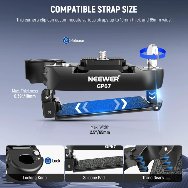 Alt view image 4 of 7 - Backpack Camera Clip Mount with Square QR Plate, Upgraded Safety Latch, Quick Release Camera Belt Clip Backpack Strap Compatible with PD QR System Canon Nikon Sony DSLRs, GP67