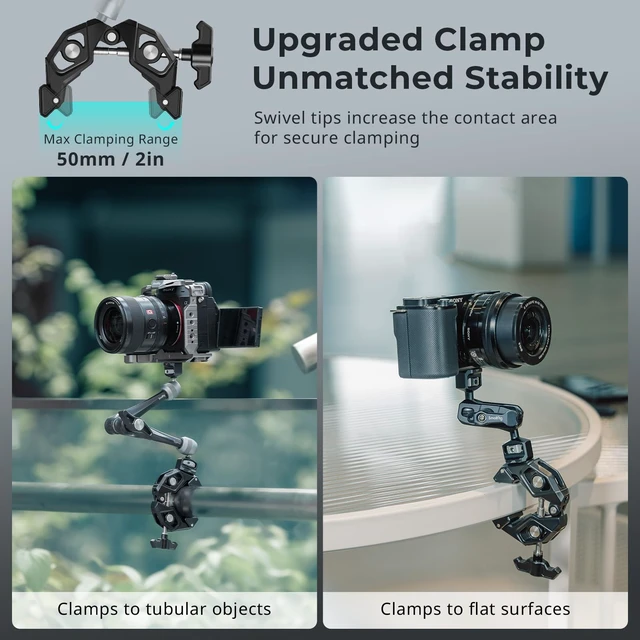 Alt view image 2 of 7 - Crab-Shaped Super Clamp with Swivel Tip & 1/4"-20 Expansion Holes | Max Clamping 50mm (2") for Camera Mounts, Tripod Accessories, Round Tube/Flat Surface, 5319