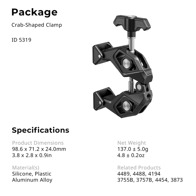 Alt view image 6 of 7 - Crab-Shaped Super Clamp with Swivel Tip & 1/4"-20 Expansion Holes | Max Clamping 50mm (2") for Camera Mounts, Tripod Accessories, Round Tube/Flat Surface, 5319