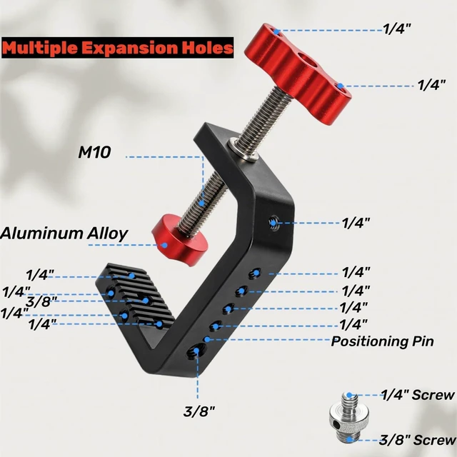 Alt view image 3 of 7 - C Clamp Desk Camera Mount, Table Clamps with 1/4" and 3/8" Thread, Metal Desktop C Clamp for Light Stand, Heavy Duty Clamps Jaw for Workbench, Rods, Shelves, Bike, Fits up to 2.5" Thickness