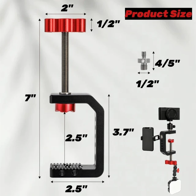Alt view image 2 of 7 - C Clamp Desk Camera Mount, Table Clamps with 1/4" and 3/8" Thread, Metal Desktop C Clamp for Light Stand, Heavy Duty Clamps Jaw for Workbench, Rods, Shelves, Bike, Fits up to 2.5" Thickness