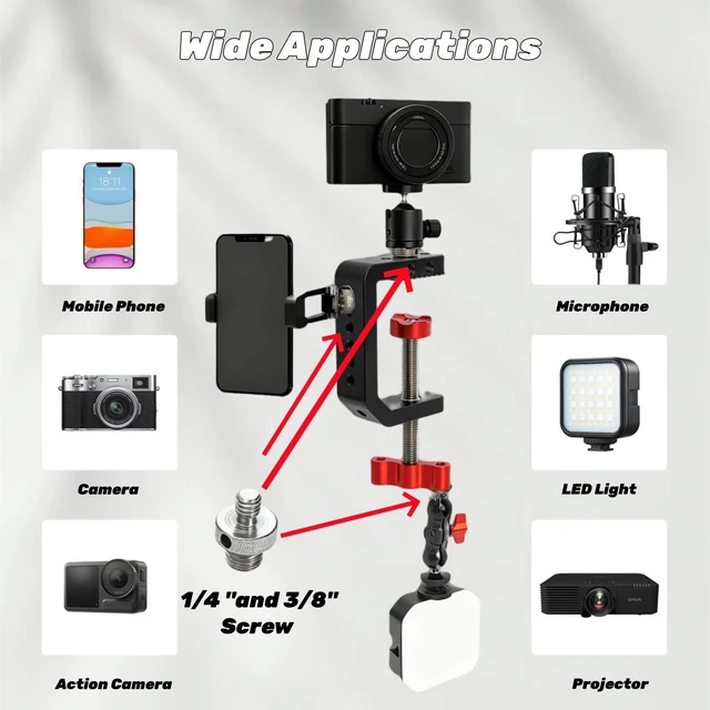 Alt view image 4 of 7 - C Clamp Desk Camera Mount, Table Clamps with 1/4" and 3/8" Thread, Metal Desktop C Clamp for Light Stand, Heavy Duty Clamps Jaw for Workbench, Rods, Shelves, Bike, Fits up to 2.5" Thickness