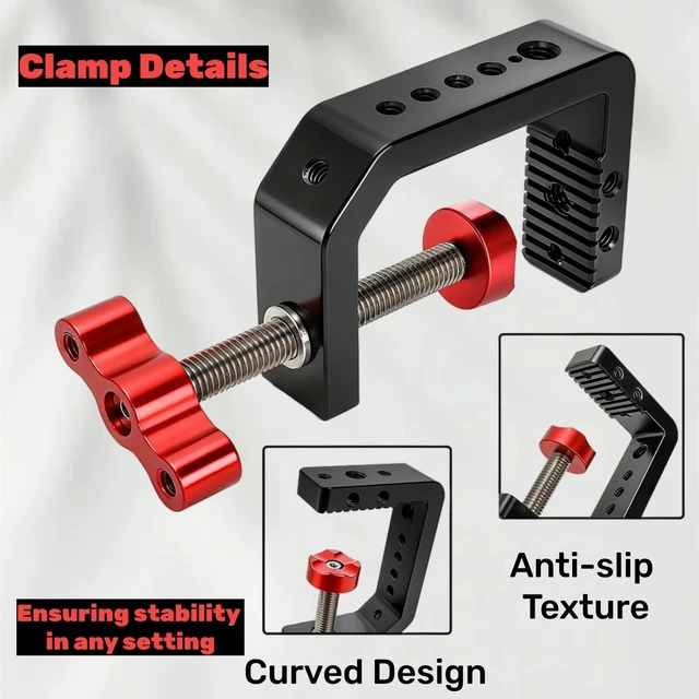 Alt view image 5 of 7 - C Clamp Desk Camera Mount, Table Clamps with 1/4" and 3/8" Thread, Metal Desktop C Clamp for Light Stand, Heavy Duty Clamps Jaw for Workbench, Rods, Shelves, Bike, Fits up to 2.5" Thickness