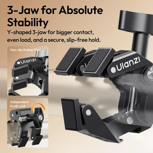 Alt view image 3 of 7 - CO78 Super Clamp Mount, 3-Jaw Y-Shape Super Clamp with Cold Shoe | & 1/4"-20 Threads,ARRI Pins, Heavy Duty Camera Rig Mount for Monitors, LED Lights, Action Cameras, Desktop Rig, Load - Black