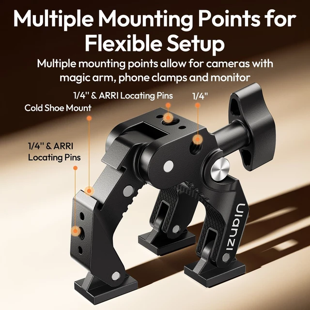 Alt view image 4 of 7 - CO78 Super Clamp Mount, 3-Jaw Y-Shape Super Clamp with Cold Shoe | & 1/4"-20 Threads,ARRI Pins, Heavy Duty Camera Rig Mount for Monitors, LED Lights, Action Cameras, Desktop Rig, Load - Black