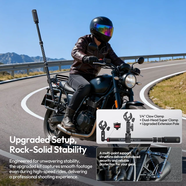 Alt view image 2 of 7 - VL03 40in Invisible Selfie Stick Motorcycle Bike Mount Kit | for Insta360 X6 X5 X4 X3/DJI Osmo 360/GoPro MAX MAX2, Quick-Release, Aluminum, Clamp Mount for GoPro DJI Insta360 Cams