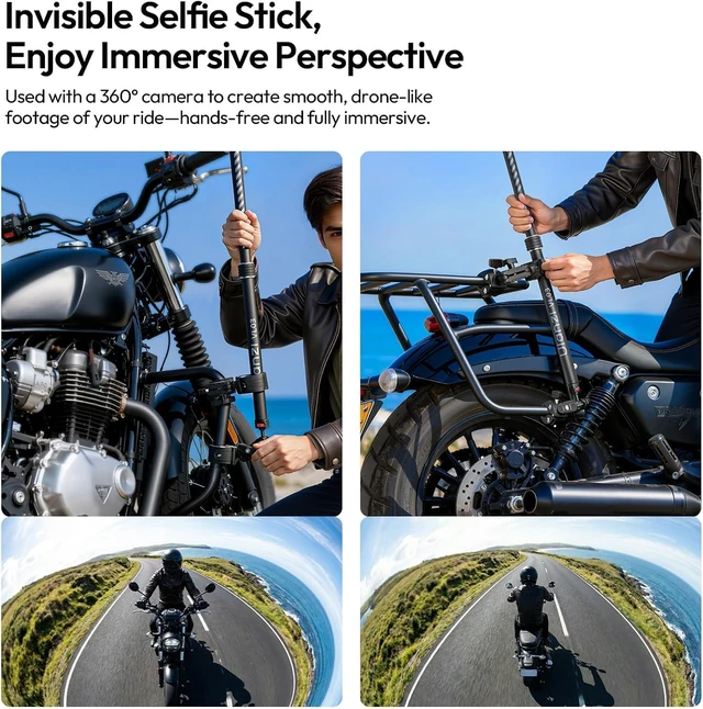Alt view image 4 of 7 - VL03 40in Invisible Selfie Stick Motorcycle Bike Mount Kit | for Insta360 X6 X5 X4 X3/DJI Osmo 360/GoPro MAX MAX2, Quick-Release, Aluminum, Clamp Mount for GoPro DJI Insta360 Cams