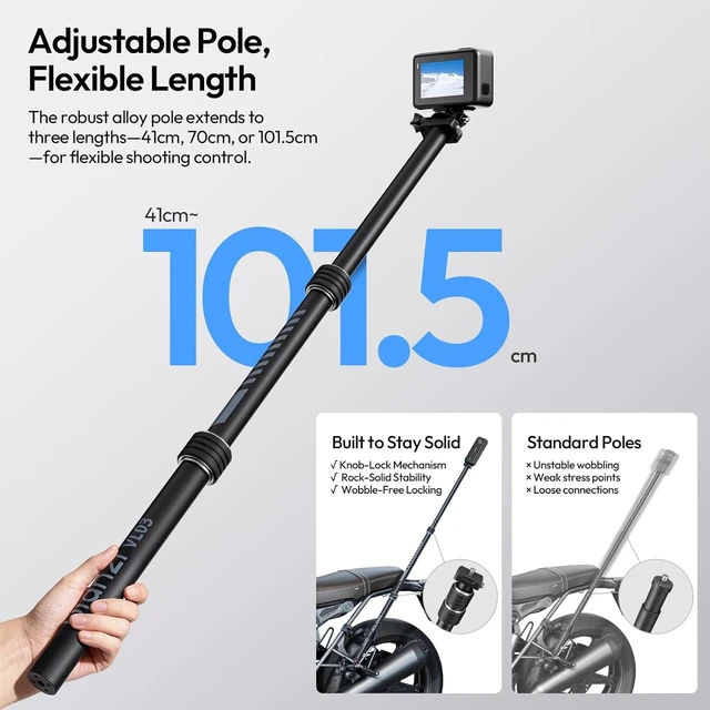 Alt view image 6 of 7 - VL03 40in Invisible Selfie Stick Motorcycle Bike Mount Kit | for Insta360 X6 X5 X4 X3/DJI Osmo 360/GoPro MAX MAX2, Quick-Release, Aluminum, Clamp Mount for GoPro DJI Insta360 Cams