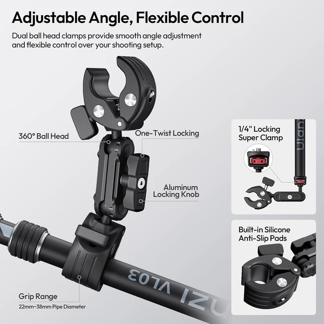 Alt view image 7 of 7 - VL03 40in Invisible Selfie Stick Motorcycle Bike Mount Kit | for Insta360 X6 X5 X4 X3/DJI Osmo 360/GoPro MAX MAX2, Quick-Release, Aluminum, Clamp Mount for GoPro DJI Insta360 Cams