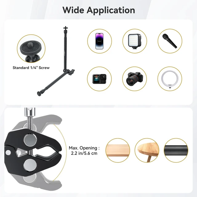 Alt view image 5 of 7 - 20" Magic Arm Clamp, Overhead Action Camera Mount Holder Stand | Camera Arm Flexible Desk Camera Mount, Articulating Friction Boom Arm, for POV Shot, Filming, Light, Webcam, Action Camera