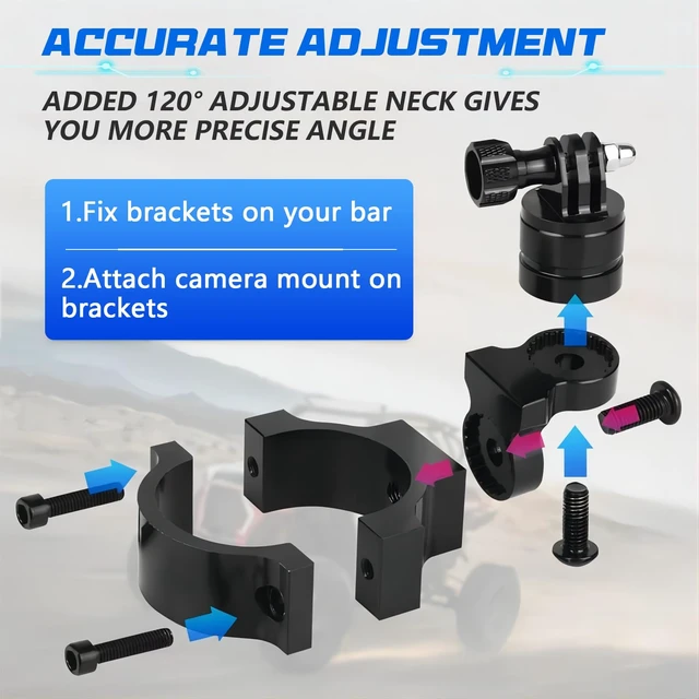 Alt view image 5 of 7 - Camera Mount Holder UTV ATV Fit for GoPro Hero, SJ, DJL, Insta360 | Aluminum Roll Bar Clamp With 360° Rotation,Fits 1, 1.5, 1.75 And 2 Inch Tubes On UTVs Polaris, Can-Am, Kawasaki, Yamaha, Boat