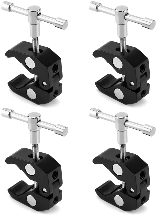 Main image of Super Clamp for Photography, 4 Pack, 1/4'' and 3/8'' Thread Clip for Camera Monitor, Light Stand, Rods, LED Lights
