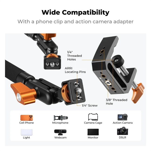 Alt view image 3 of 7 - 22" Magic Arm with Desk C-Clamp, Overhead Desk Camera Mount | Long Articulating Friction Boom Arm for Phone, Action Camera, LED Light, Microphone, MS39