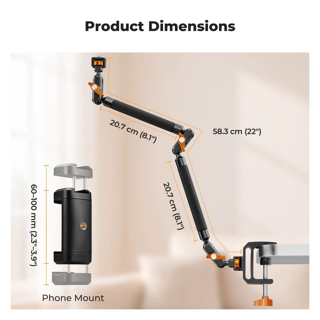 Alt view image 7 of 7 - 22" Magic Arm with Desk C-Clamp, Overhead Desk Camera Mount | Long Articulating Friction Boom Arm for Phone, Action Camera, LED Light, Microphone, MS39