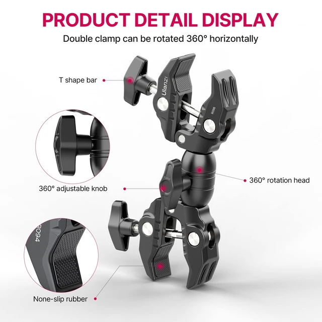 Alt view image 4 of 7 - Super Clamp Double Camera Clamp, R096 Crab Plier Clip Bracket Mount | Monitor Magic Arm Double Ball Head Adapter for Photo Studio Light Stand, Photography Reflector, Photo Boom Stand, Cross Bars