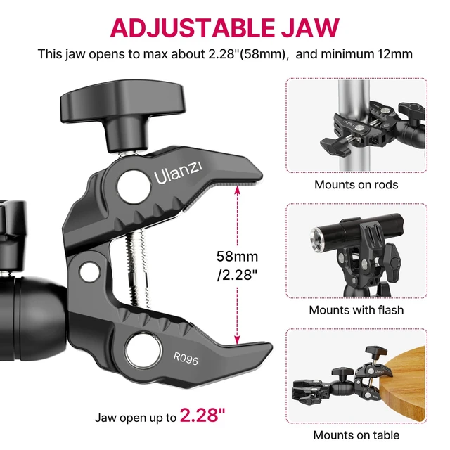 Alt view image 5 of 7 - Super Clamp Double Camera Clamp, R096 Crab Plier Clip Bracket Mount | Monitor Magic Arm Double Ball Head Adapter for Photo Studio Light Stand, Photography Reflector, Photo Boom Stand, Cross Bars
