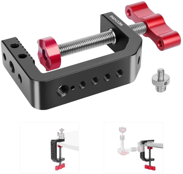 Main image of C Clamp Desk Camera Mount, Aluminum Table C-clamp with 1/4" 3/8" Thread, Desktop DSLR Mount for Photo Studio Video Camera, Light Stand, Desk, Rods, Shelves, Bike, Max Clamp 2.36" (62021)
