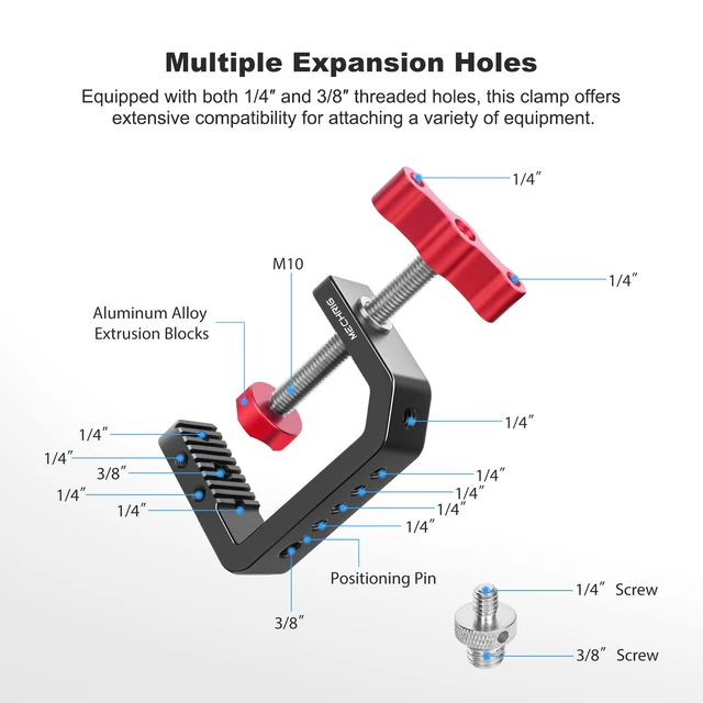 Alt view image 2 of 7 - C Clamp Desk Camera Mount, Aluminum Table C-clamp with 1/4" 3/8" Thread, Desktop DSLR Mount for Photo Studio Video Camera, Light Stand, Desk, Rods, Shelves, Bike, Max Clamp 2.36" (62021)