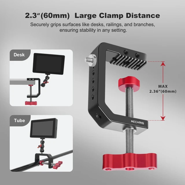 Alt view image 3 of 7 - C Clamp Desk Camera Mount, Aluminum Table C-clamp with 1/4" 3/8" Thread, Desktop DSLR Mount for Photo Studio Video Camera, Light Stand, Desk, Rods, Shelves, Bike, Max Clamp 2.36" (62021)