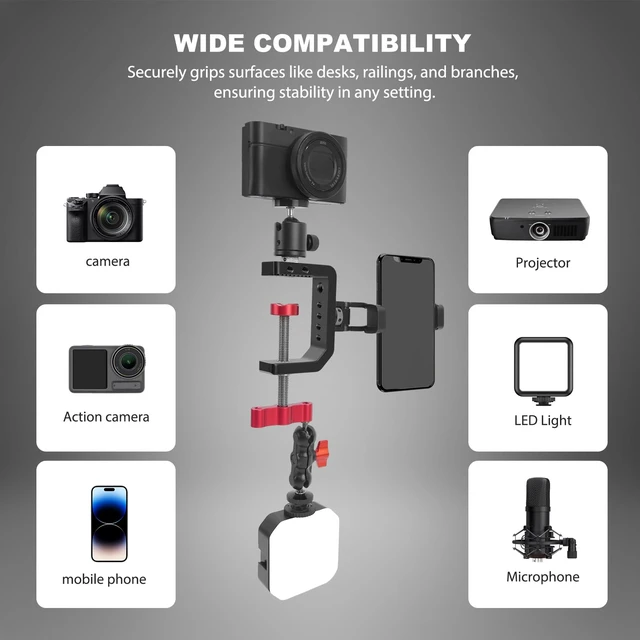 Alt view image 5 of 7 - C Clamp Desk Camera Mount, Aluminum Table C-clamp with 1/4" 3/8" Thread, Desktop DSLR Mount for Photo Studio Video Camera, Light Stand, Desk, Rods, Shelves, Bike, Max Clamp 2.36" (62021)