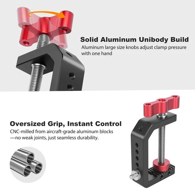 Alt view image 6 of 7 - C Clamp Desk Camera Mount, Aluminum Table C-clamp with 1/4" 3/8" Thread, Desktop DSLR Mount for Photo Studio Video Camera, Light Stand, Desk, Rods, Shelves, Bike, Max Clamp 2.36" (62021)