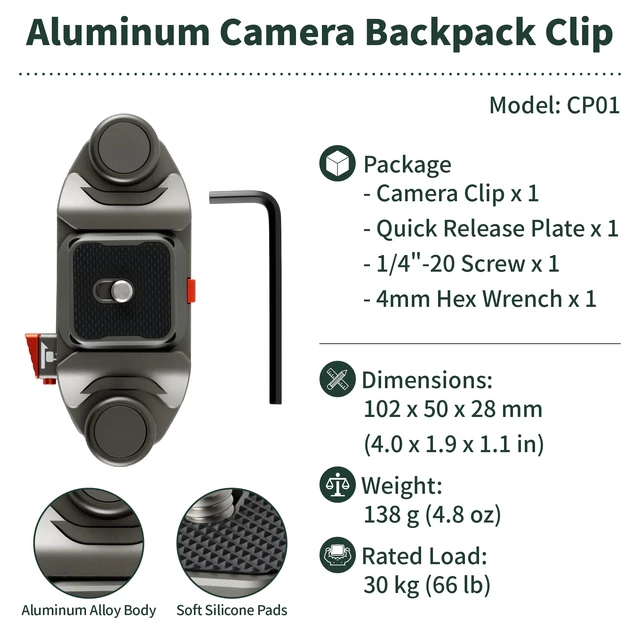 Alt view image 7 of 7 - Camera Backpack Clip Arca-Style Quick Release Anti-Drop Dual-Lock | Max Load 66 lb Aluminum Clip for Mirrorless/DSLR Cameras, Hands-Free for Hiking Travel and Street Photography, Gray CP01