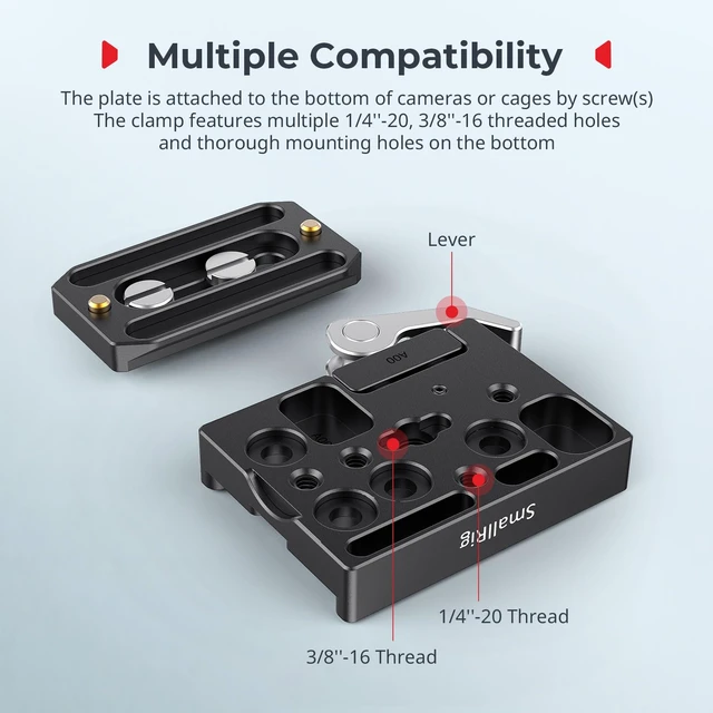 Alt view image 3 of 7 - Universal Quick Release Mount Plate Kit for Arca, Clamp & Plate | Built in Clamp and Plate, with 1/4''-20 & 3/8''-16 Threaded Holes