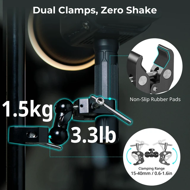 Alt view image 2 of 7 - Adjustable Double Clamp Mount, Dual Head 15-40mm Anti-Slip Clamp | 1.5kg Aluminum Alloy Clamp for Photography Lighting/Tripod/Studio - 5331
