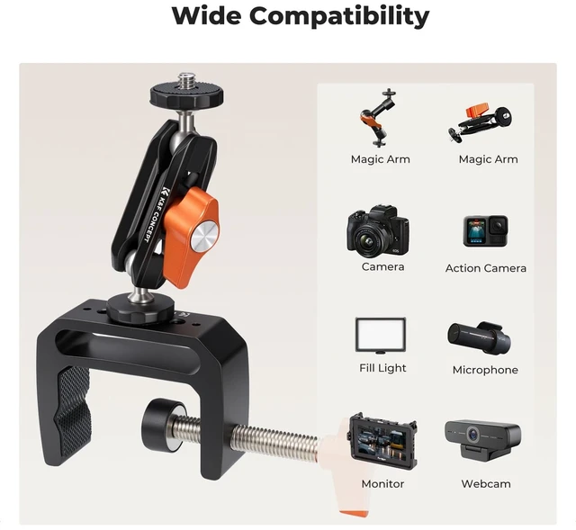 Alt view image 3 of 7 - Camera C-Clamp Mount with Double Ball Head Magic Arm | 360° Adjustable Clamp Desktop Mount, for Action Camera, Monitor, LED Light and Microphone