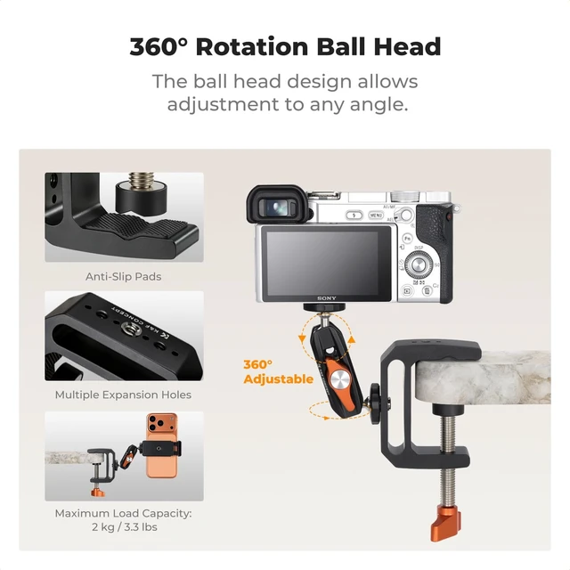 Alt view image 2 of 7 - Camera C-Clamp Mount with Double Ball Head Magic Arm | 360° Adjustable Clamp Desktop Mount, for Action Camera, Monitor, LED Light and Microphone