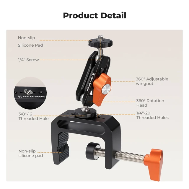 Alt view image 4 of 7 - Camera C-Clamp Mount with Double Ball Head Magic Arm | 360° Adjustable Clamp Desktop Mount, for Action Camera, Monitor, LED Light and Microphone