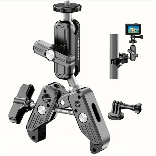 Main image of Super Clamp Camera Mount with Dual Ball Head & Adapter for GoPro | Adjustable Aluminum Clip with 1/4" Screw, Action Camera Mount for Bike Handlebar Pole Tube, LED Light, Small Monitor