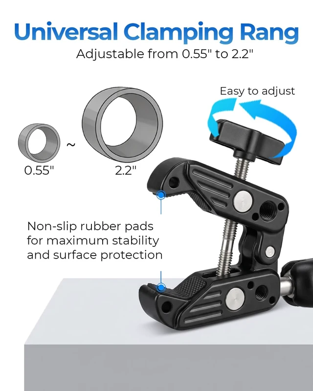 Alt view image 2 of 6 - Super Clamp Camera Mount with Dual Ball Head & Adapter for GoPro | Adjustable Aluminum Clip with 1/4" Screw, Action Camera Mount for Bike Handlebar Pole Tube, LED Light, Small Monitor